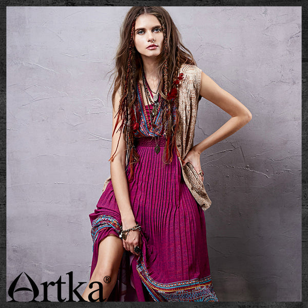 ARTKA WRAP FRONT BOHEMIAN PLEATED MAXI DRESS - boopdo