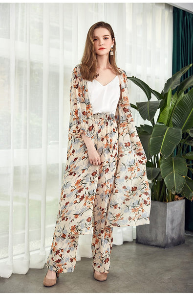 ARTKA LONG SLEEVE OPEN FRONT KIMONO AND MATCHING TROUSERS IN FLORAL PRINT CO ORD - boopdo