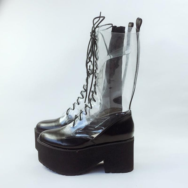 MOMO GOTHIC PVC TRANSPARENT LACE UP CHUNKY SOLE PLATFORM BOOTS - boopdo