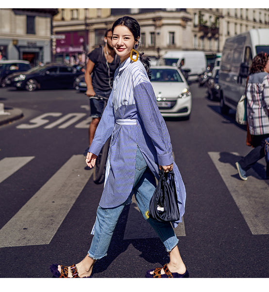 8GIRLS STRIPE OVERSIZED LONGLINE SHIRT IN BLUE - boopdo