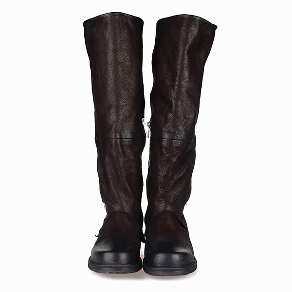 PROVA PERFETTO ROMAN SQUARE TOE KNEE HIGH LEATHER BOOTS IN BLACK - boopdo