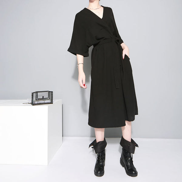 STELLA MARINA COLLEZIONE V NECK LOOSE MID LENGTH DRESS WITH BELT - boopdo