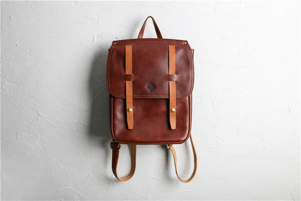 GS DOUBLE STRAPS LEATHER BACKPACK IN REDDISH BROWN - boopdo