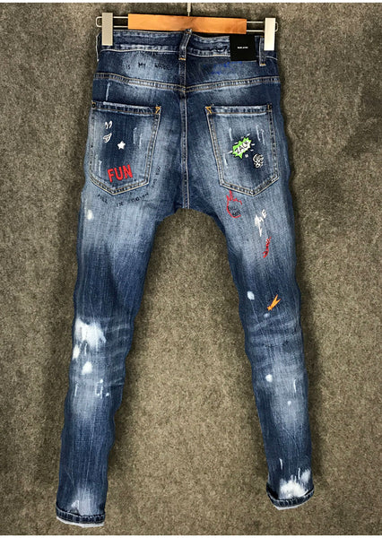 ZACH DEAN RIPPED SPRAY PAINT SLIM JEANS IN BLUE - boopdo