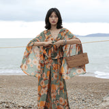 SINCE THEN LONG SLEEVE PLUNGE TOP WITH KIMONO SLEEVE AND WIDE LEG TROUSERS IN FLORAL - boopdo