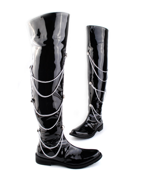 BUCKHEN BRITISH POLEX OVER THE KNEE BOOTS IN BLACK WITH CHAIN - boopdo