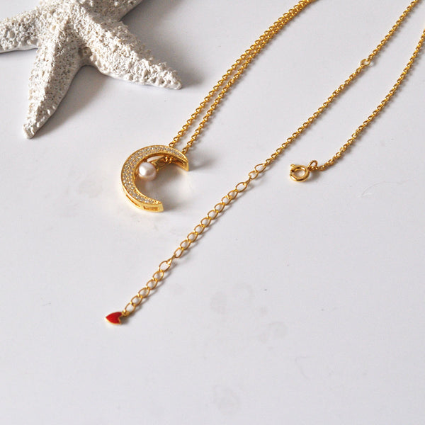 JELLY GIRL STERLING SILVER LONG NECKLACE WITH PEARL AND CRYSTAL MOON PENDANT IN GOLD - boopdo