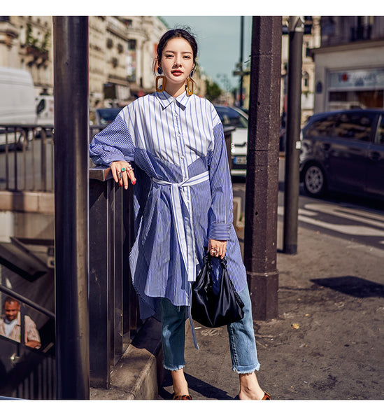 8GIRLS STRIPE OVERSIZED LONGLINE SHIRT IN BLUE - boopdo