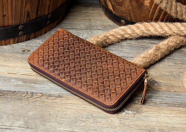 MANTIME SIXTEENTH WOVEN EMBOSSED MOBILE PHONE LEATHER WALLET IN BROWN - boopdo