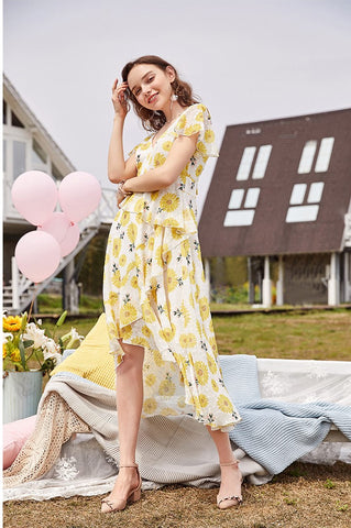 ARTKA TIERED RUFFLE DRESS IN YELLOW FLORAL - boopdo