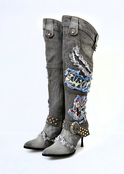 BOOPDO ARTISTIC DESIGN LUXILO WASHED DENIM JEAN KNIGHT BOOTS IN BLUE AND GRAY - boopdo