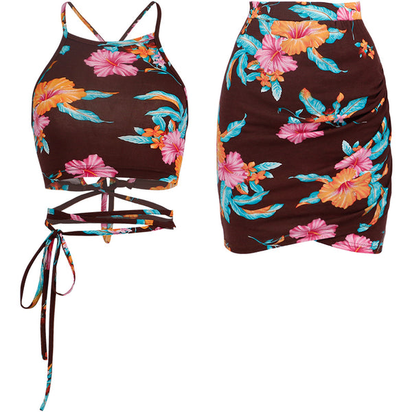 SINCE THEN TIE DETAIL CAMI CROP TOP WITH MATCHING MINI SKIRT IN RETRO FLORAL - boopdo