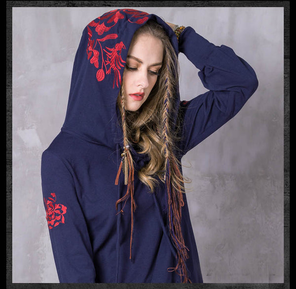 ARTKA TRENA KEER EMBROIDERED COTTON HOODED SWEATER IN NAVY - boopdo