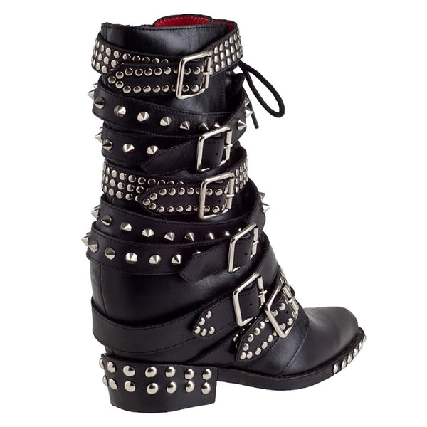PROVAPERFETTO STUD AND BUCKLE BIKER WEDGE BOOTS 90221R - boopdo