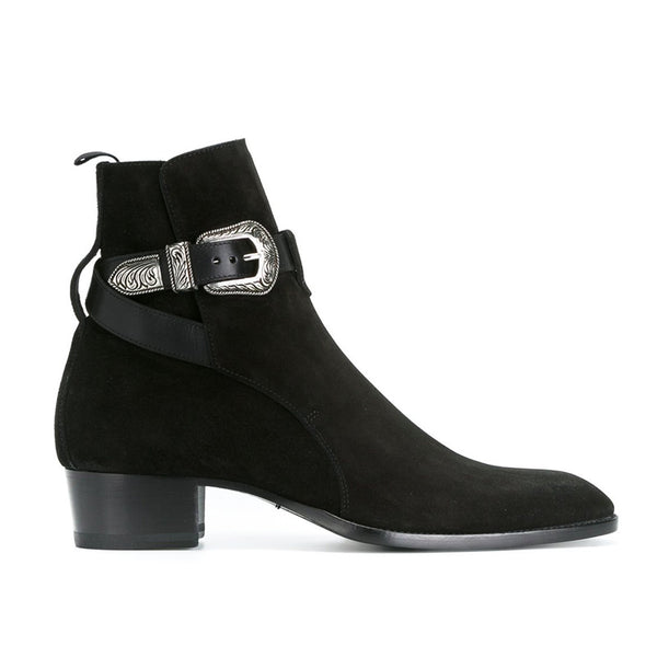 NADEMILI MARTOX BUCKLED BLACK SUEDE ANKLE CHELSEA BOOTS - boopdo