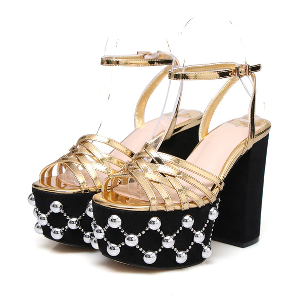 PIPPIN PORTO HUTCHINSON PLATFORM BLOCK HEELED SANDALS IN GOLD AND SILVER - boopdo
