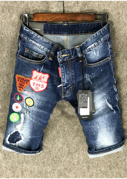 CATENT LAND WILD BADGE PATCHWORK DENIM JEANS SHORT PANT IN BLUE - boopdo