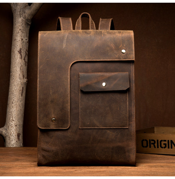 MANTIME VINTAGE SQUARE OUTDOOR 14 INCH LEATHER BACKPACK IN BROWN BLACK - boopdo