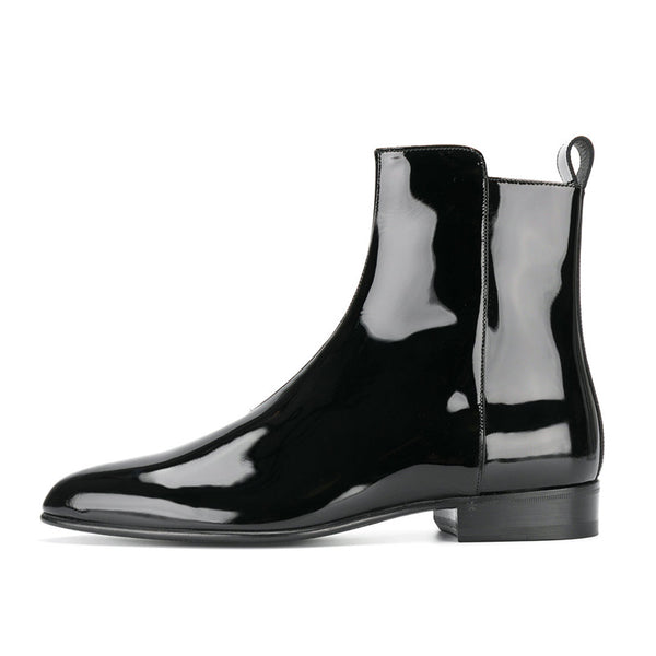NADEMILI GLOSSY TOE POINTED BRIGHT BLACK LEATHER CHELSEA BOOTS - boopdo