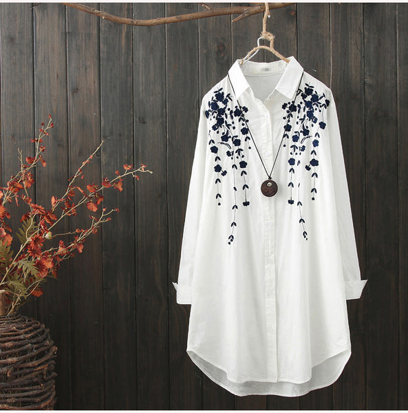 AUTUMN VINTAGE INSPIRED LONG LINE EMBROIDERED BLOUSE - boopdo