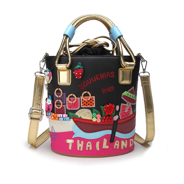 LETIFE SOUVENIRS FROM THAILAND HAND EMBROIDERED BUCKET MESSENGER BAG - boopdo