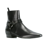 NADEMILI SEWING THREAD STYLE TOE POINTED BLACK LEATHER ANKLE CHELSEA BOOTS - boopdo