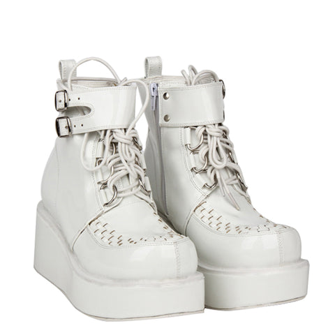 ANGELIC LOLITA COSBY PUNK STYLE PLATFORM ANKLE BOOTS WITH BELT IN WHITE - boopdo