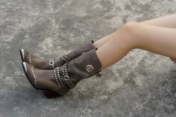 PROVAPERFETTO LEATHER WESTERN KNEE BOOTS WITH SILVER BUCKLES DESIGN - boopdo