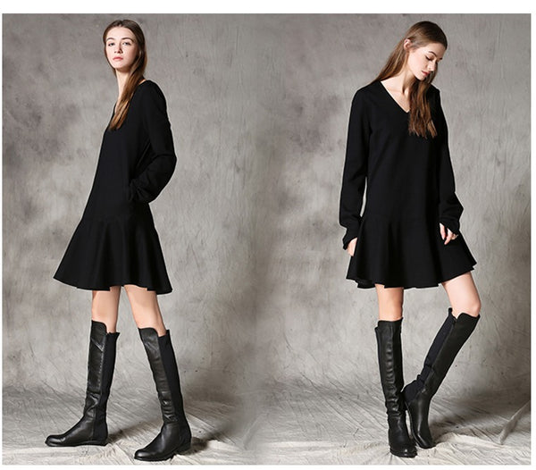 C4MORE HIPSTER MASTER YODA RETRO STYLE V NECK LONG SLEEVE BLACK DRESS - boopdo