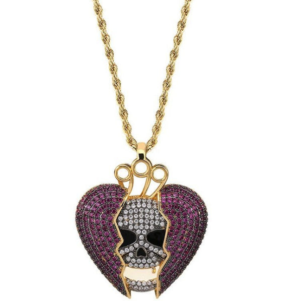 AKAO JUICE WRLD DEVIL SKULL HEART BROKEN ZIRCON PENDANT NECKLACE - boopdo